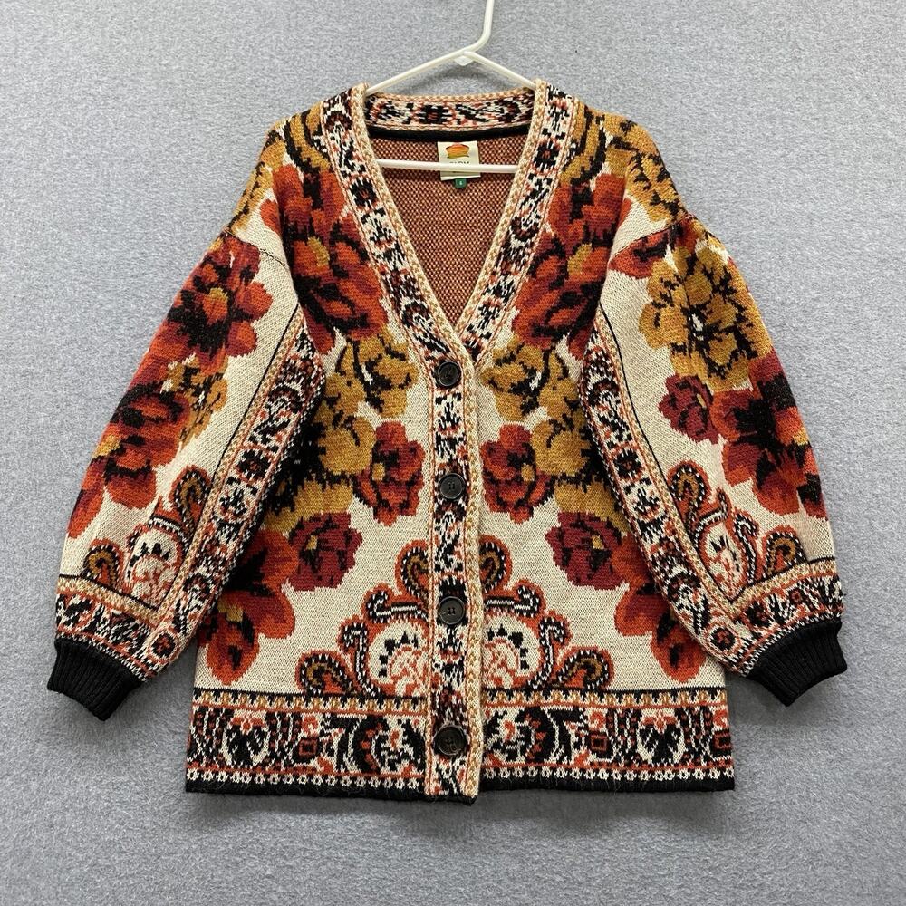 Farm Rio Sand Winter Tapestry Knit Cardigan S Wool Floral Boho Sweater Fall - Picture 2 of 13